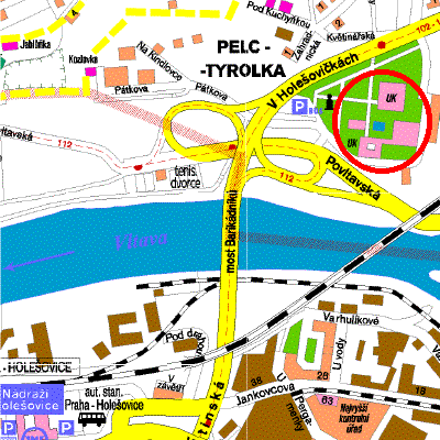 Map of vicinity of MFF campus at Troja